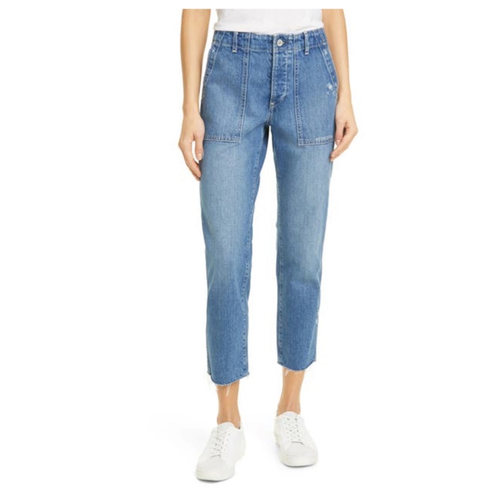 TRAVE Deja High Rise Utility Taper Raw Hem Distressed Jeans Instant Karma Wash